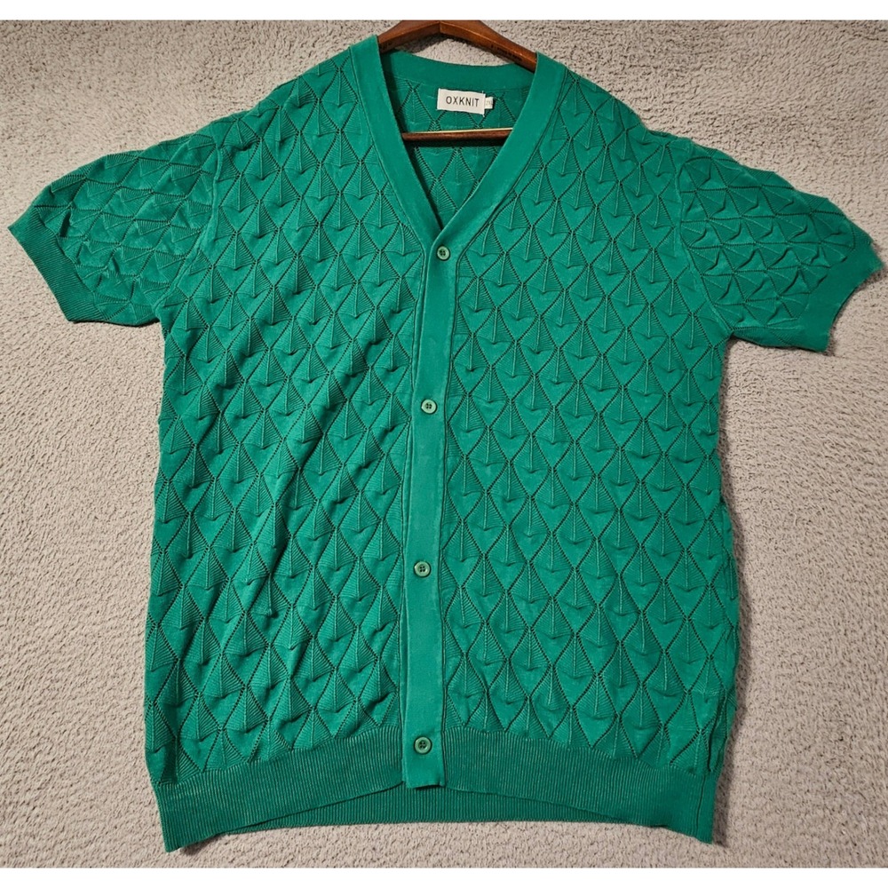 OXKNIT Mens 2XL Green Textured Geometric Knit Short Sleeve Button Up Cardigan